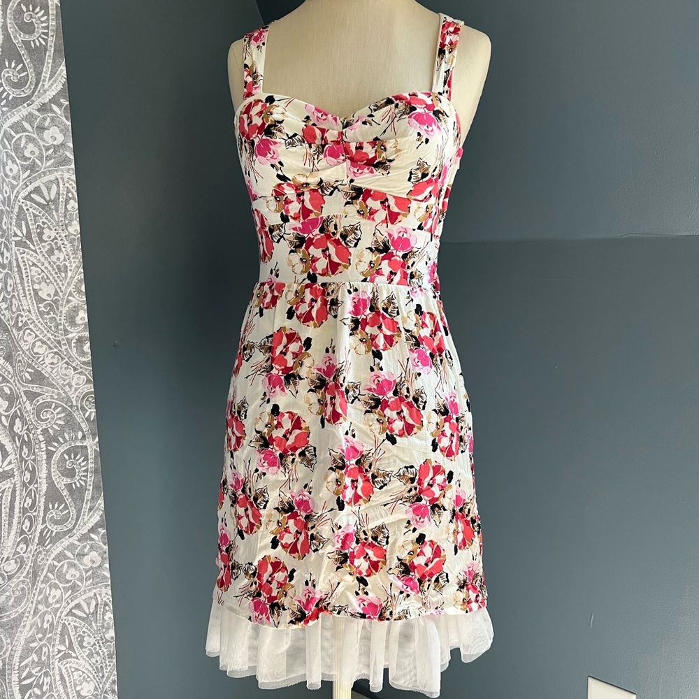 Y2K Delia’s Floral Mini Dress w/ Sweetheart Neckline and Ruffled Tulle Trim XS